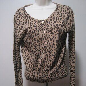 Wet Seal Long Sleeve Leopard Animal Print Sheer Button Up Sweater Women Sz Large